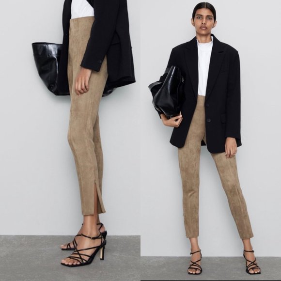 Zara Pants - NWT Zara Camel Vegan Faux Suede Skinny Pants Trousers Leggings Raw Hem Sz S